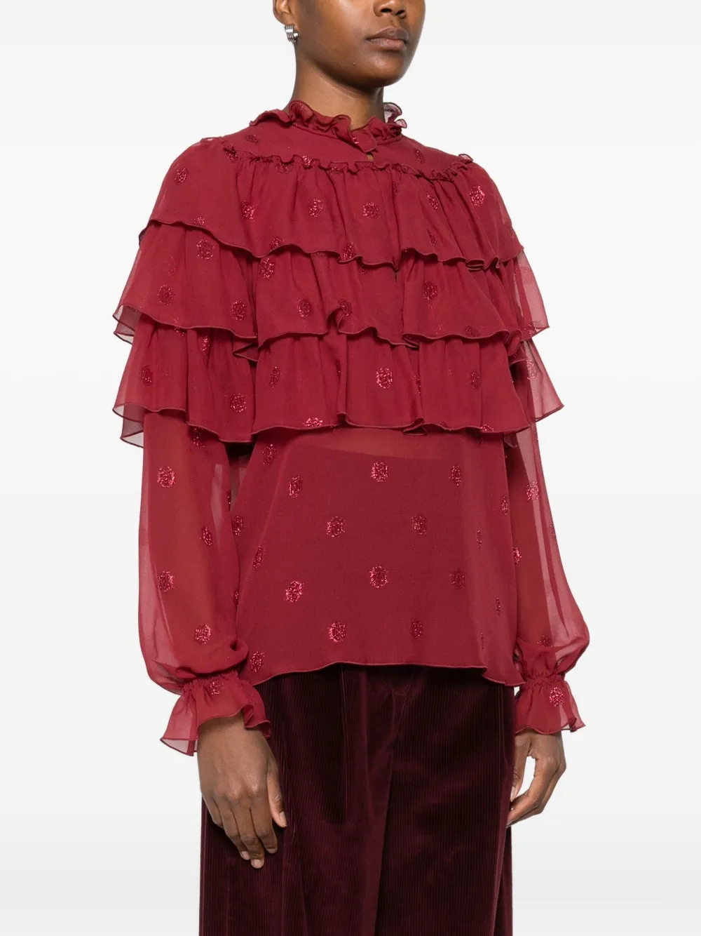 Etro Ruffled Glitter-dot Blouse In Burgundy