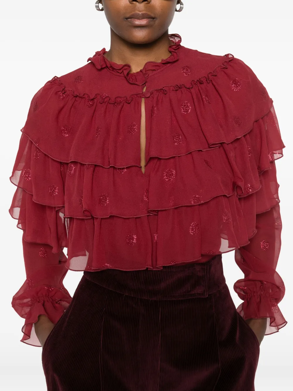 Etro Ruffled Glitter-dot Blouse In Burgundy
