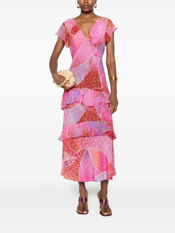 Rixo Patchwork Ruffled Midi Dress | Pink | FARFETCH