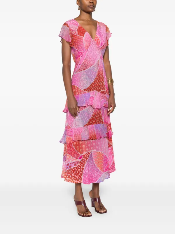 Rixo Patchwork Ruffled Midi Dress | Pink | FARFETCH Rixo Patchwork Ruffled Midi Dress | Pink | FARFETCH