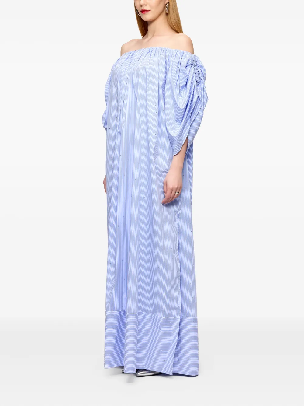 V:PM ATELIER Mandy off-shoulder striped maxi dress - Blauw