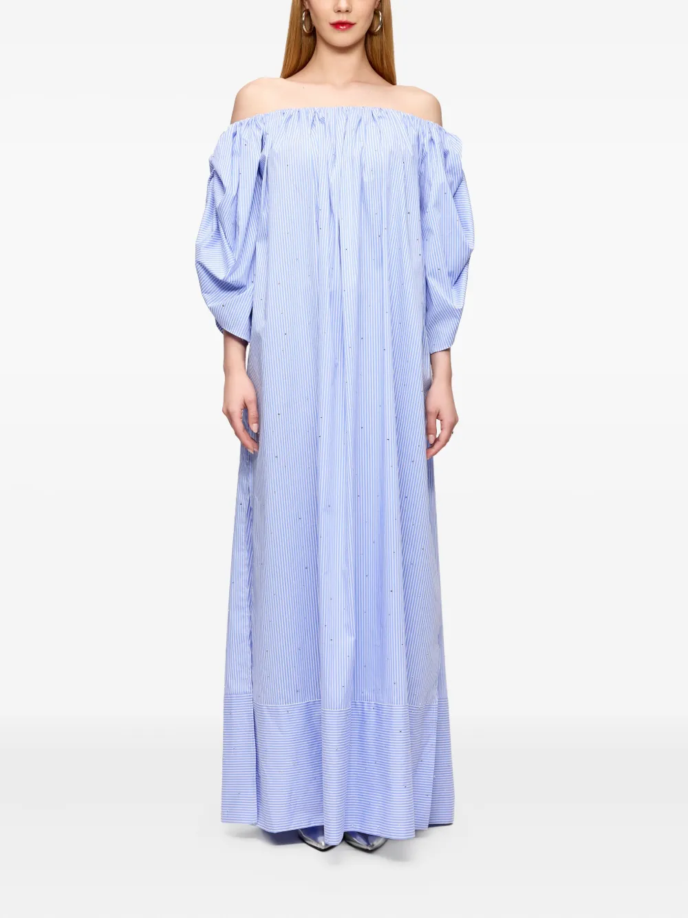 V:pm Atelier Mandy Off-shoulder Striped Maxi Dress In Blue