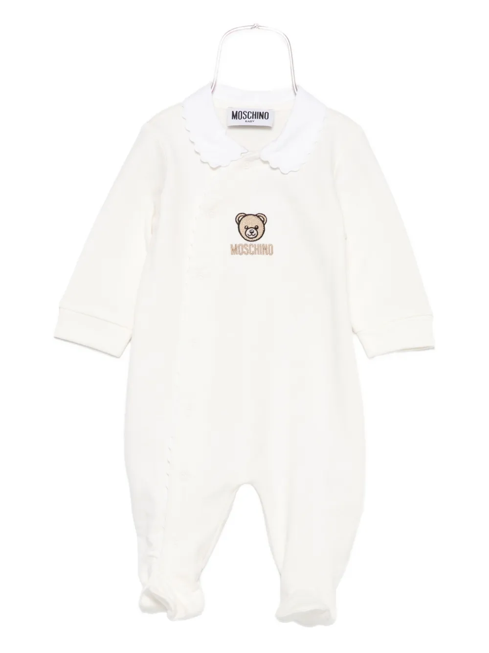 Moschino Kids teddy-embroidered scallop-collar babygrow Beige