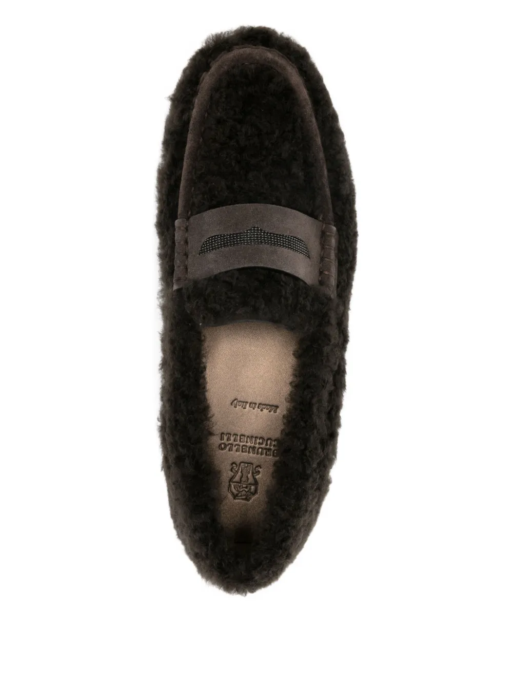 Brunello Cucinelli Bead-embellished Suede-trimmed Shearling Loafers In Brown