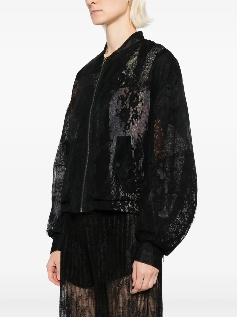 Quetsche Semi-sheer Lace Bomber Jacket In Black