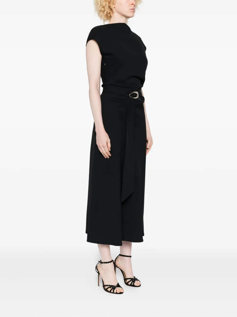 Imperial Belted Cap-sleeve Midi Dress In Black