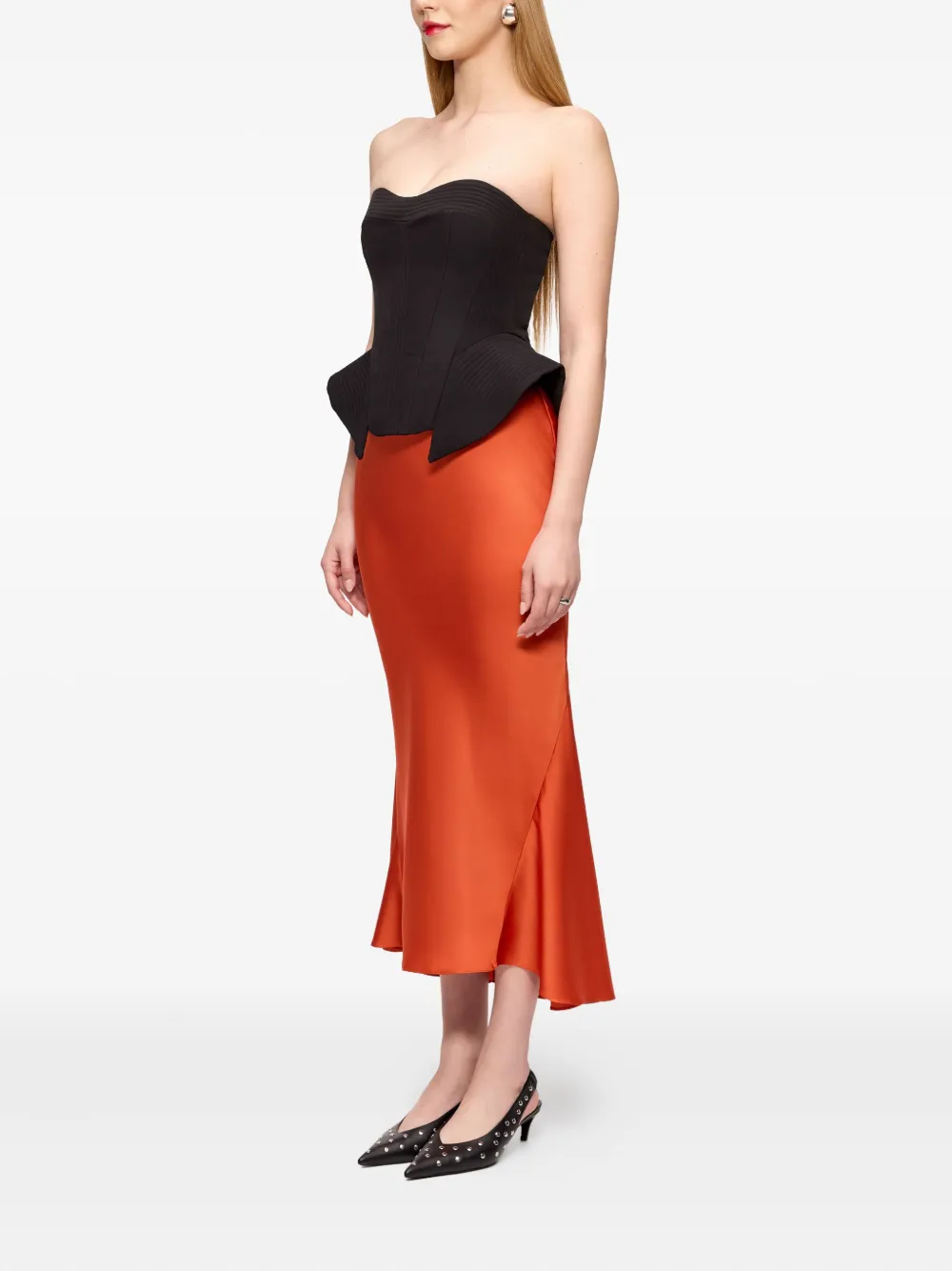 V:pm Atelier Terra Satin Fishtail Midi Skirt In Orange