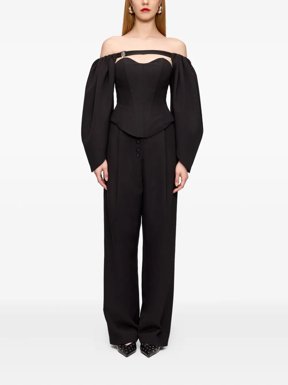 V:pm Atelier Cluster Off-shoulder Balloon-sleeve Top In Black