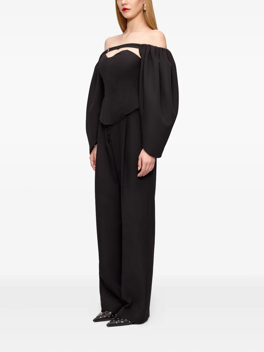 V:pm Atelier Cluster Off-shoulder Balloon-sleeve Top In Black