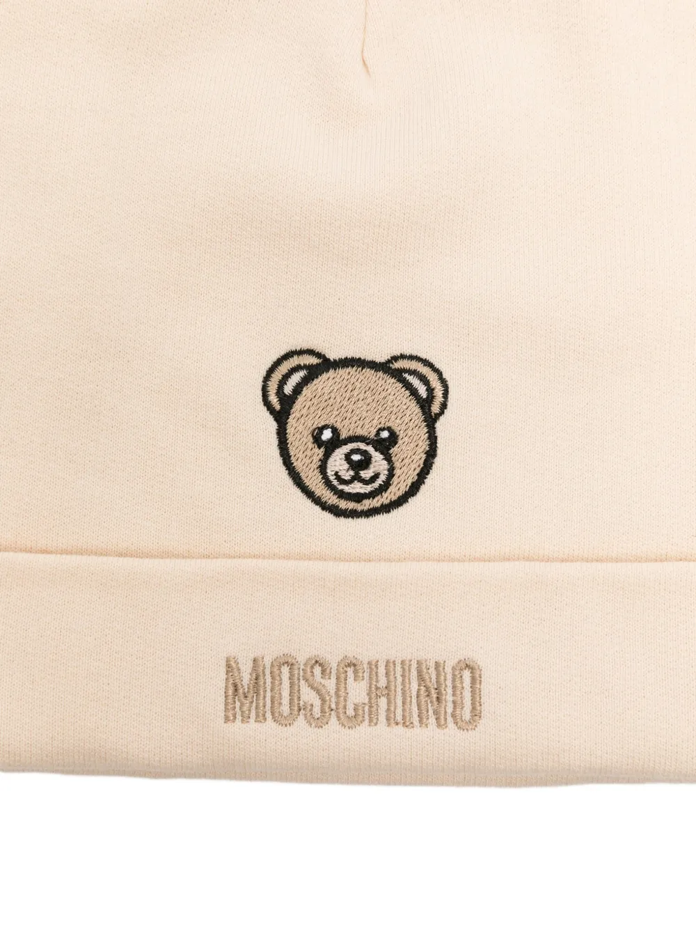 Moschino Kids Muts en slabbetje met geborduurde teddybeer Beige