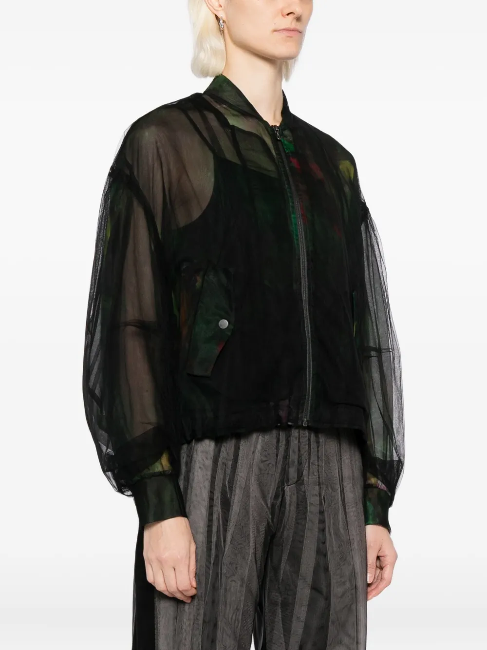 Quetsche Floral-print Tulle Bomber Jacket In Black