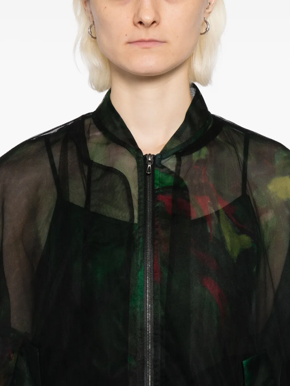Quetsche Floral-print Tulle Bomber Jacket In Black