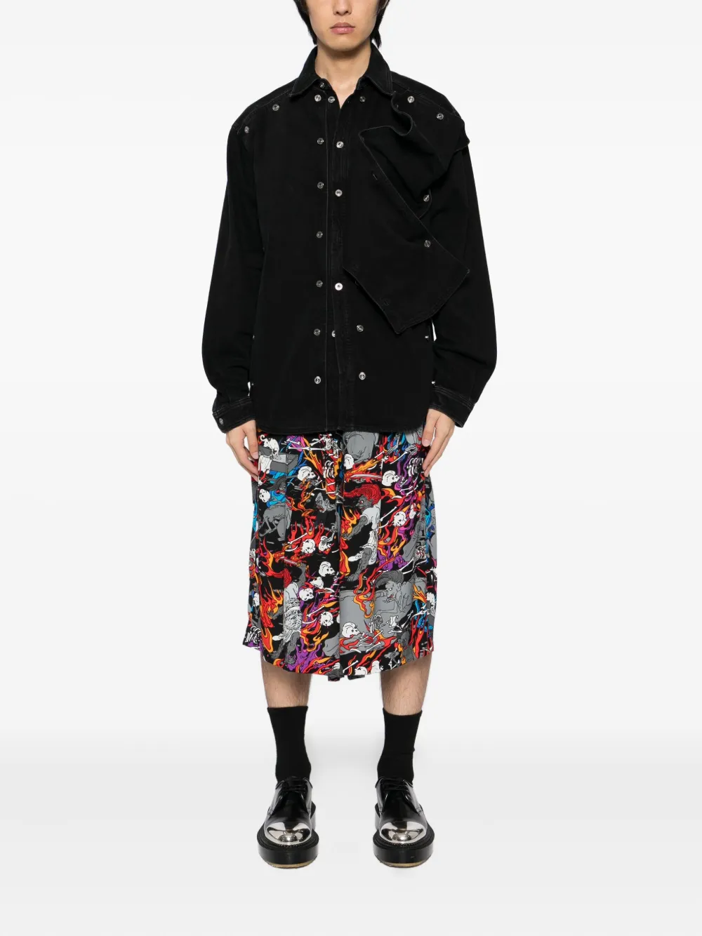 Kidill flame-skull print shorts - Zwart