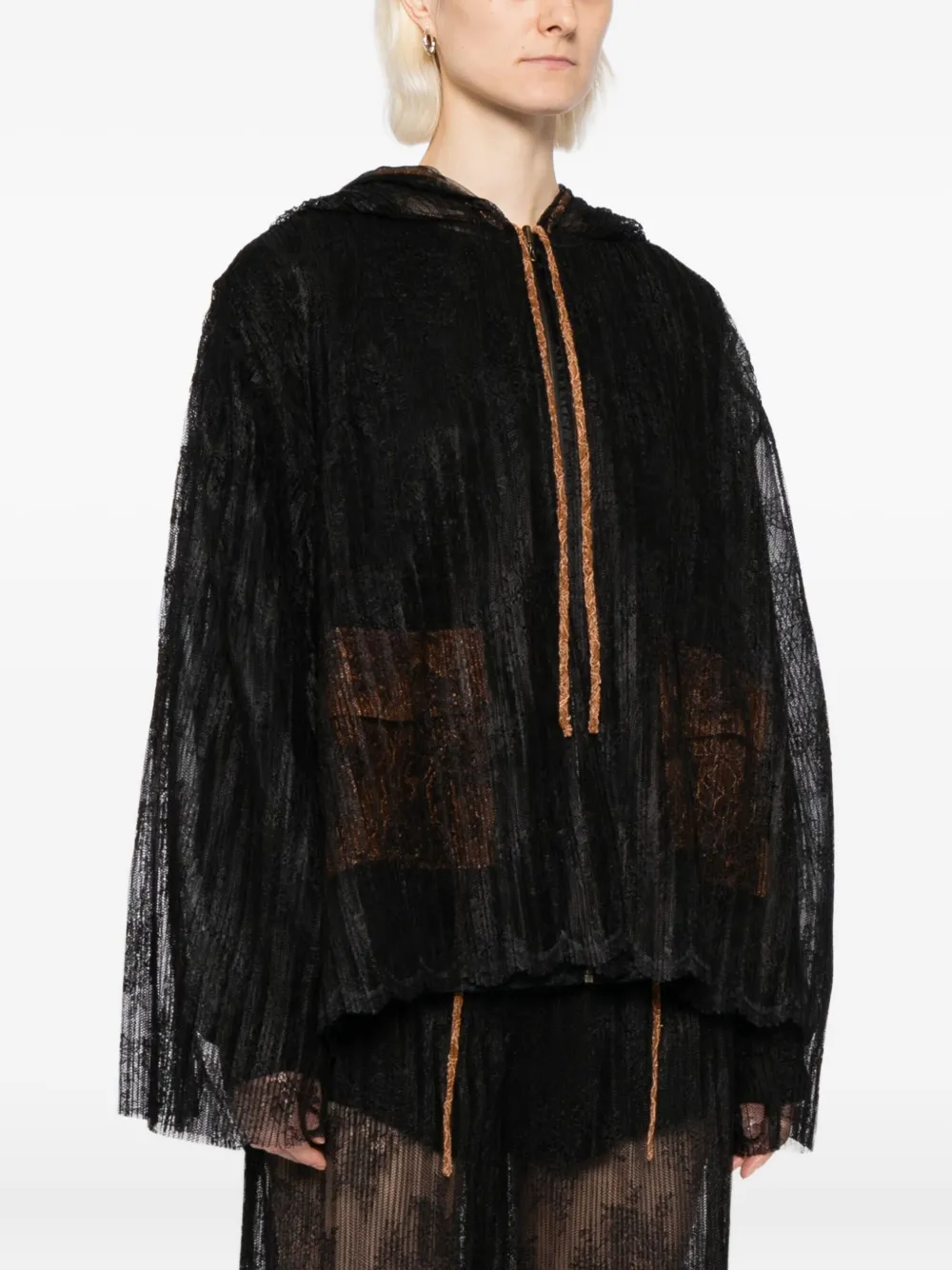  Quetsche Chaqueta Con Capucha Y Encaje - Negro 