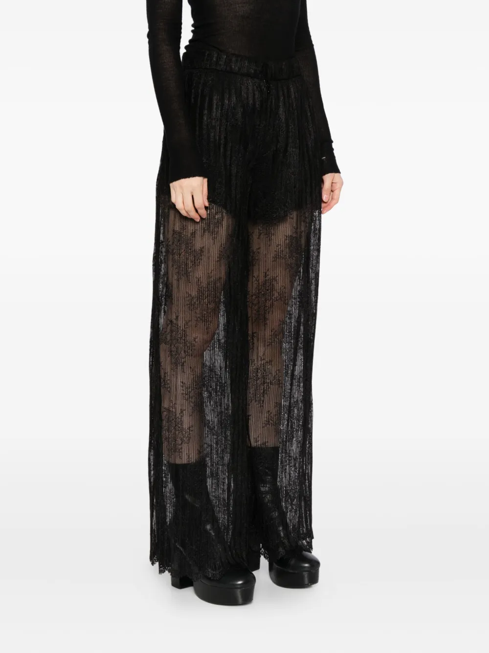  Quetsche Pantalones Con Encaje Plisado - Negro 