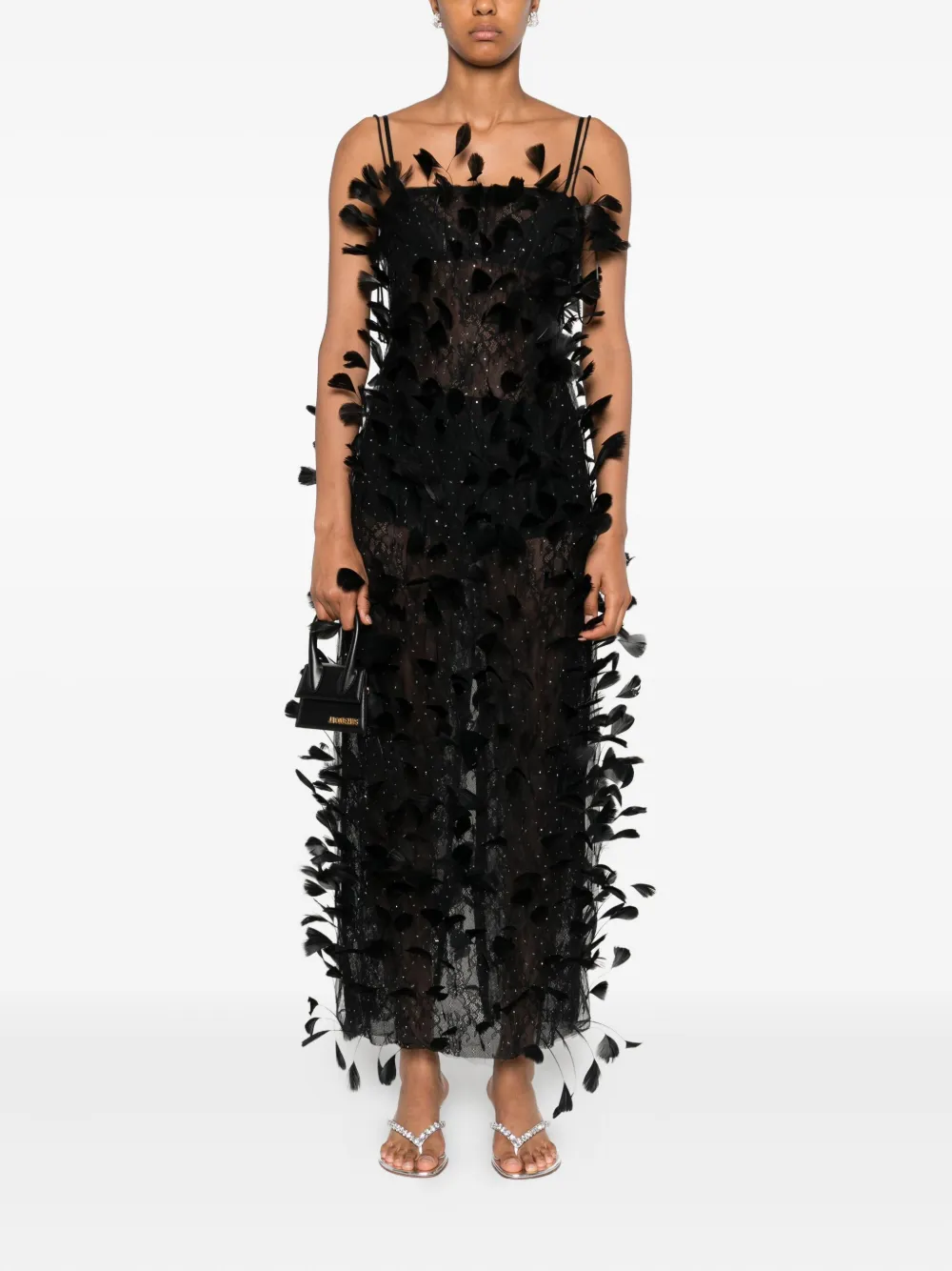 NISSA feather-embellished tulle maxi dress - Zwart