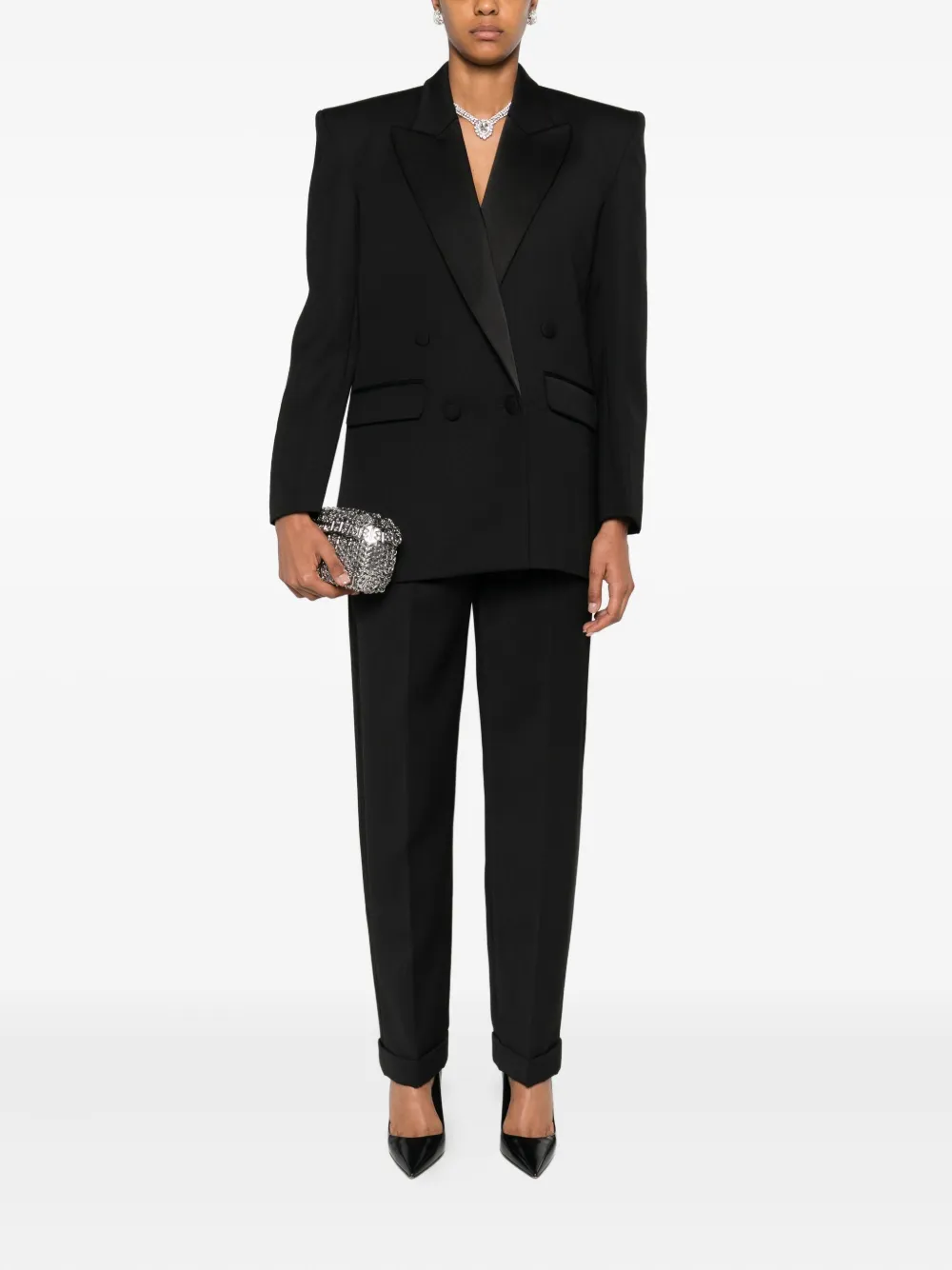 Nissa Shawl-lapel Double-breasted Blazer In Black