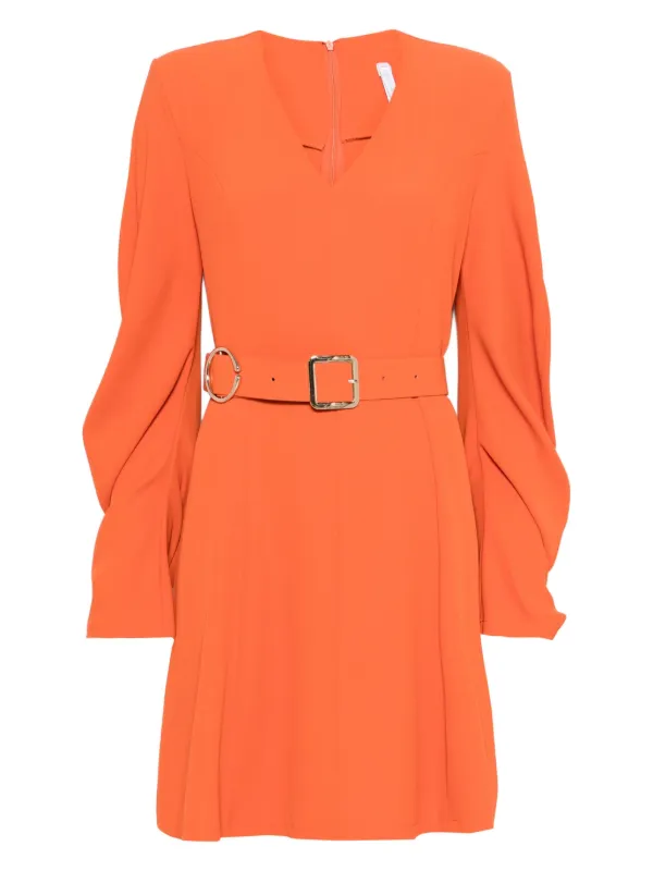 knee length dresses for ladies Orange Abstract Print Smocked Lantern Sleeve Ruffle Mini Dress – Belle Diosa main image 0
