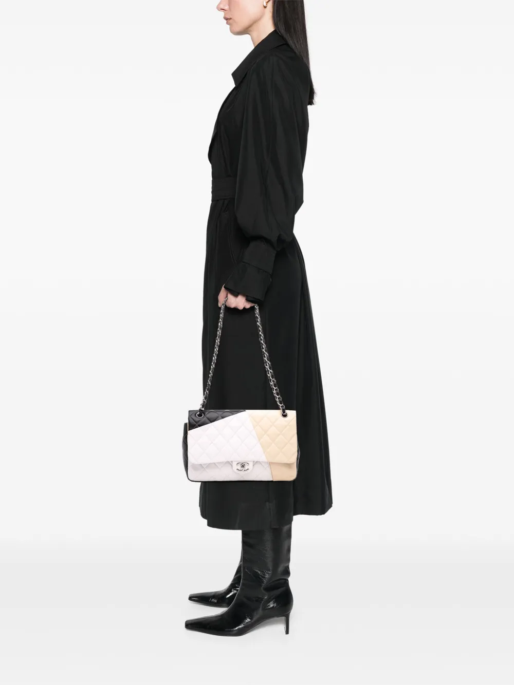 Pre-owned Chanel 2012-2013 Jumbo Classic Tricolor Lambskin Colorblock Double Flap Shoulder Bag In White