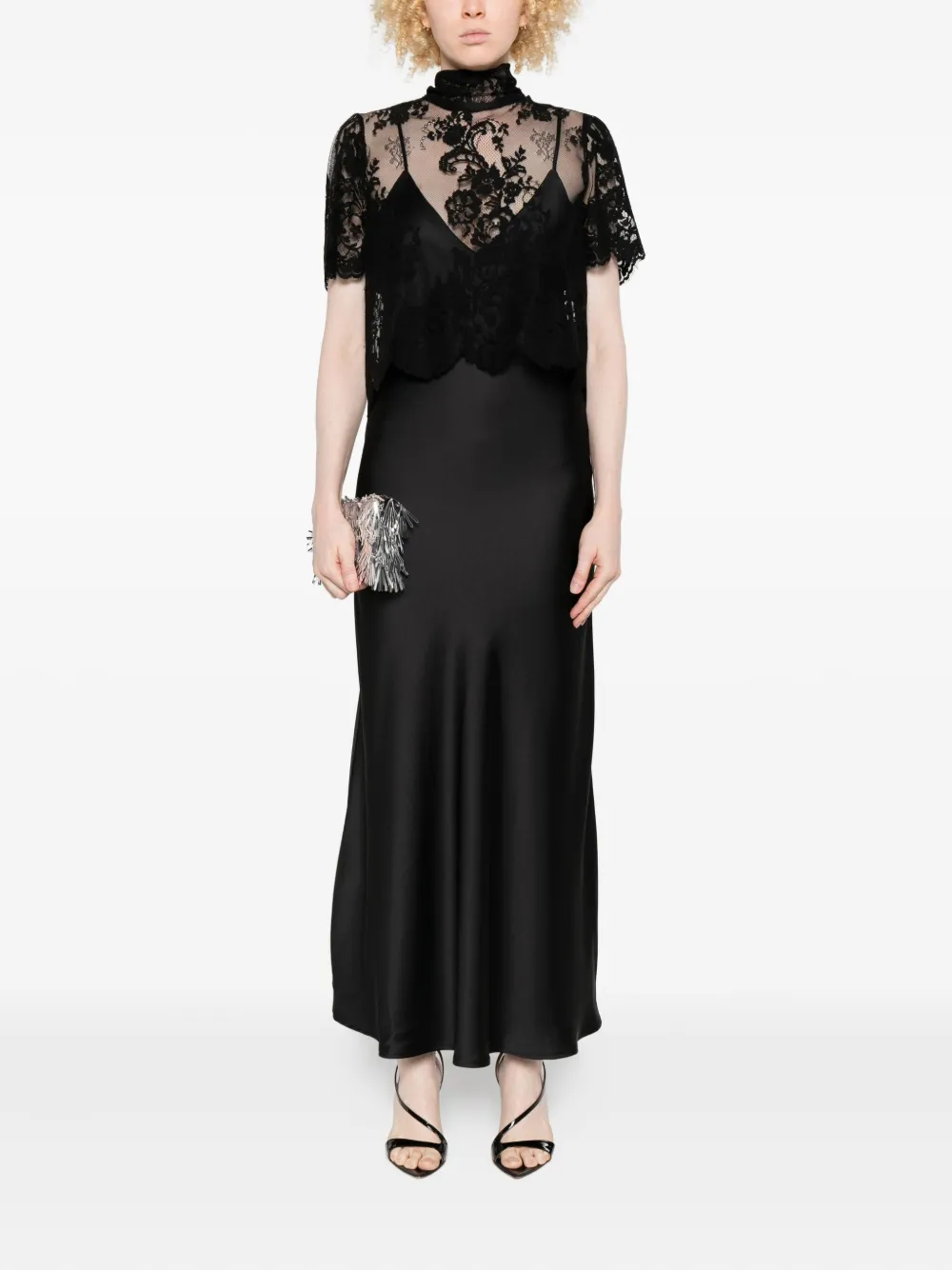 IMPERIAL lace-overlay slip midi dress - Zwart