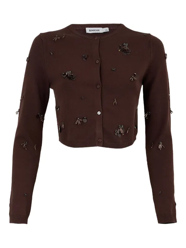 Simkhai Zadie Embellished Cropped Cardigan in Brown