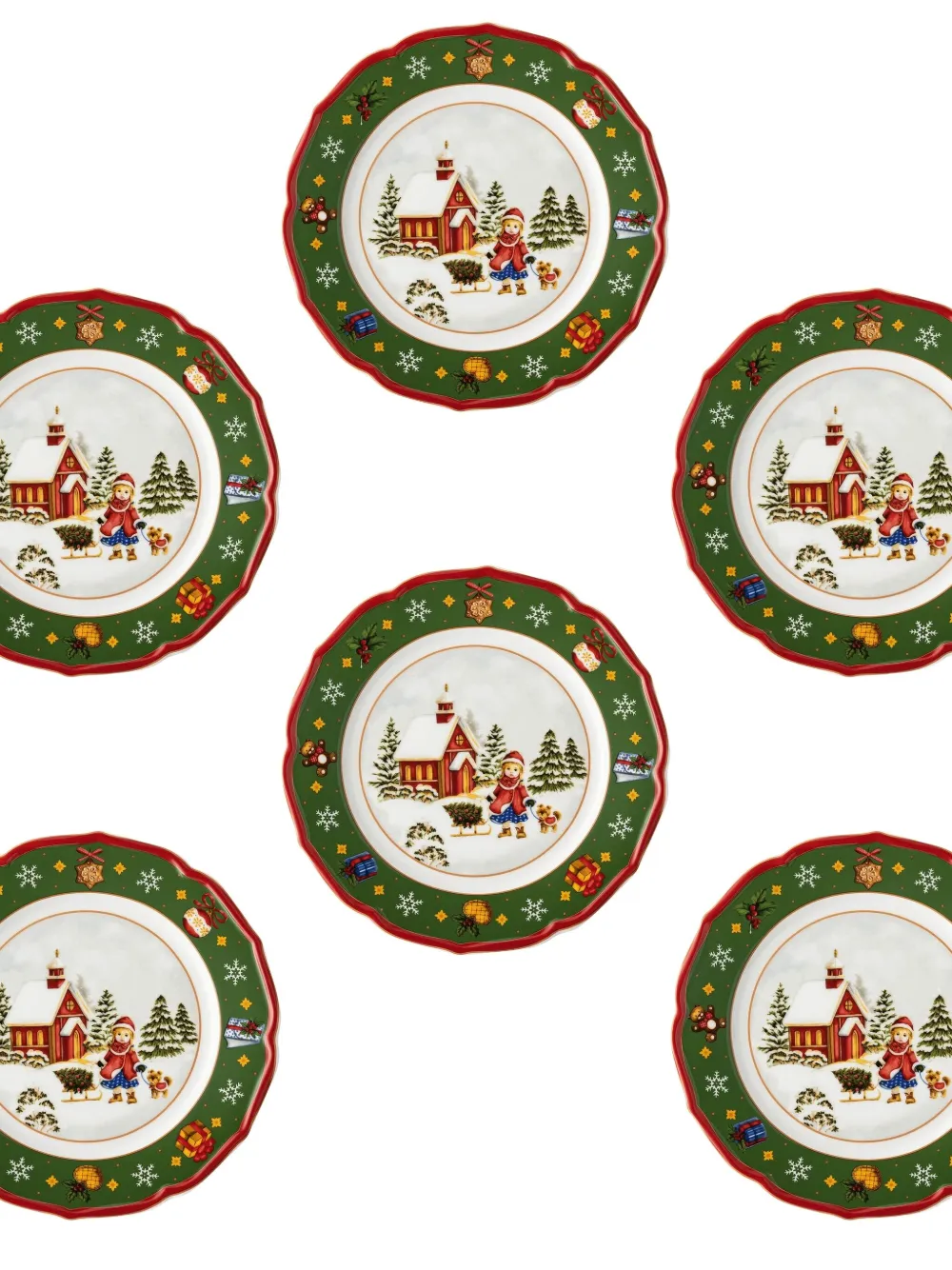 Hutschenreuther Winter-scene Scalloped Plates (set Of Six) In White