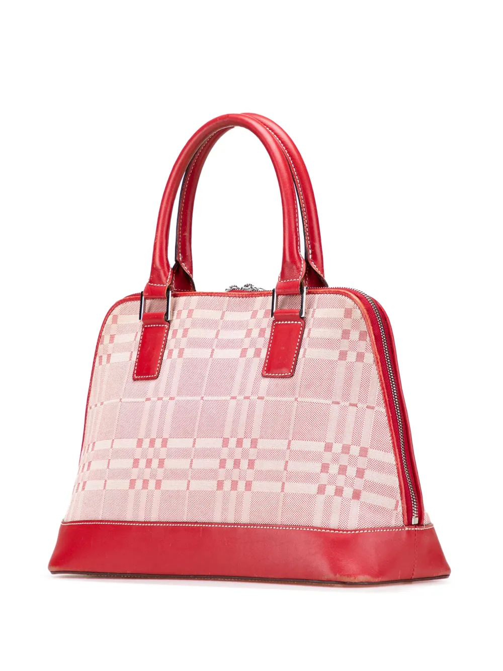 Pre-owned Burberry 2000-2017 Leather Trimmed Tonal Check Canvas Dome Handbag In Red
