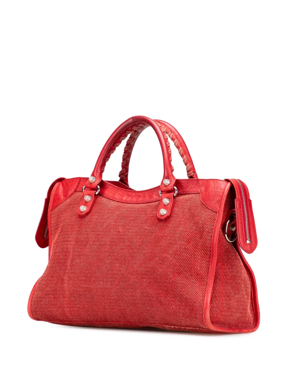Pre-owned Balenciaga 2013 Lambskin Trimmed Canvas Motocross City Giant 12 Satchel In Red