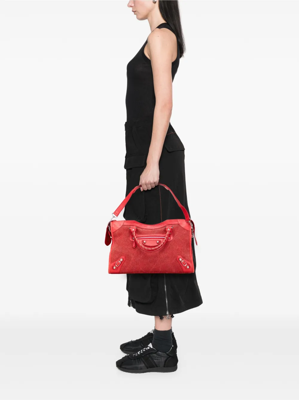 Pre-owned Balenciaga 2013 Lambskin Trimmed Canvas Motocross City Giant 12 Satchel In Red
