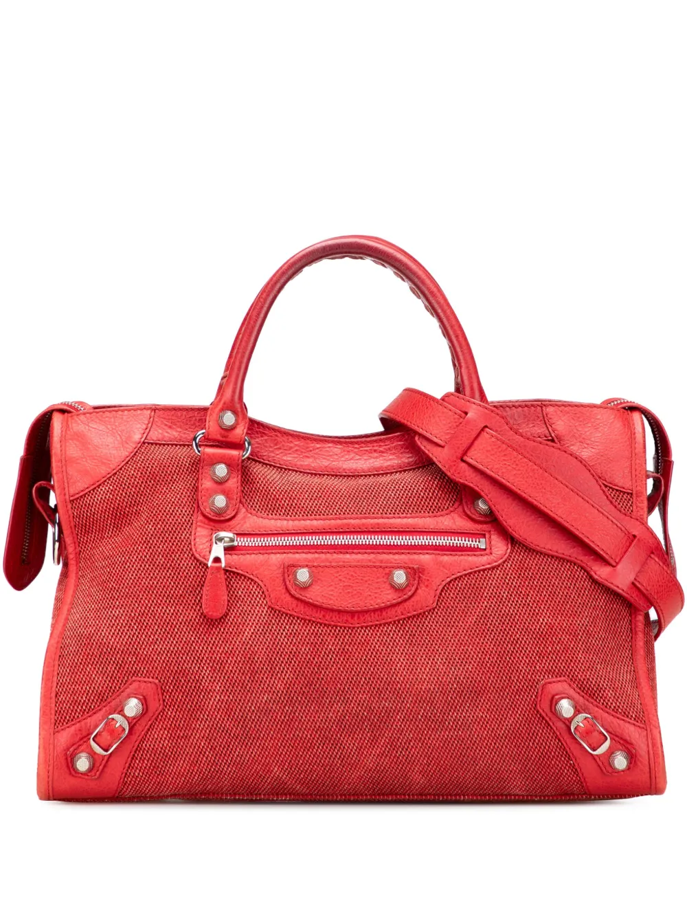 Pre-owned Balenciaga 2013 Lambskin Trimmed Canvas Motocross City Giant 12 Satchel In Red