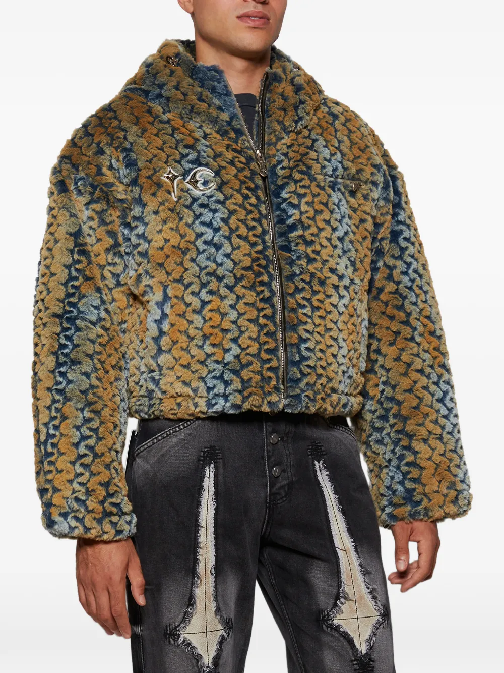 Thug Club Wavy Leopard-pattern Fur Jacket In Yellow
