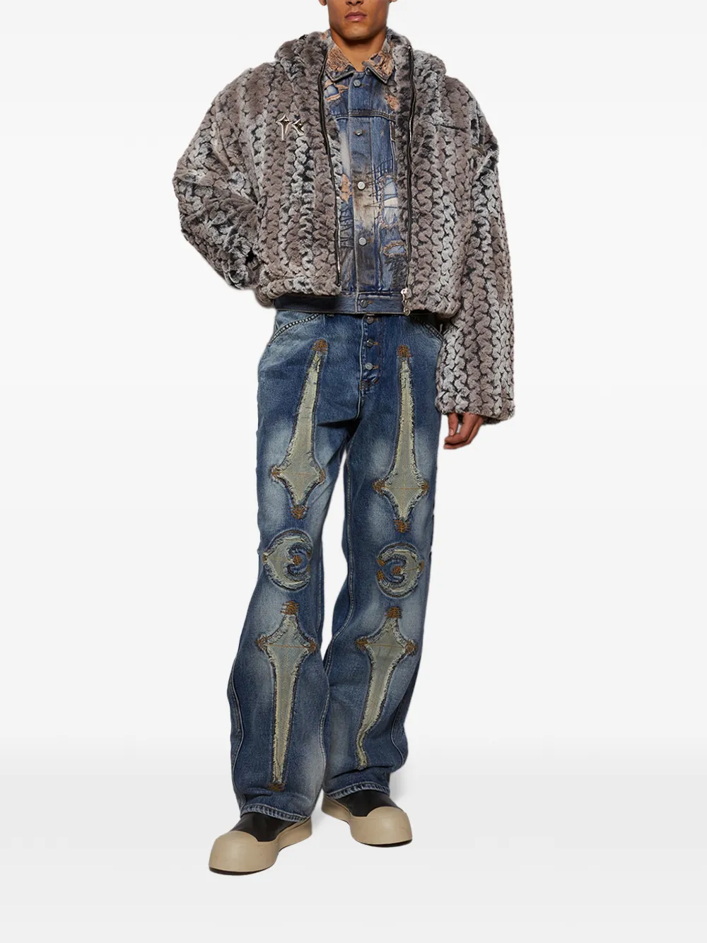 THUG CLUB Wavy faux-fur jacket Beige