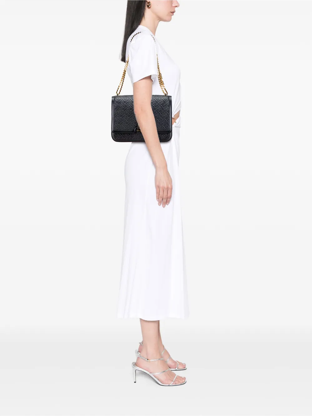 Pre-owned Burberry 2018-2023 Medium Tb Monogram Embossed Calfskin Chain Crossbody Bag In Black