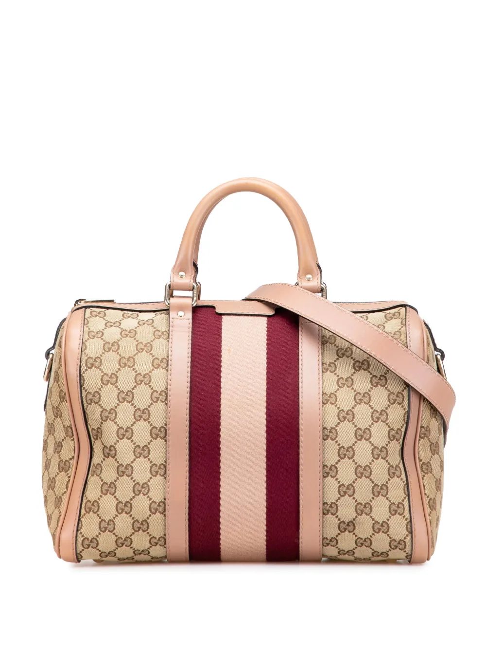 Pre-owned Gucci 2016-2025 Medium Gg Canvas Web Joy Boston Bag Satchel In Brown