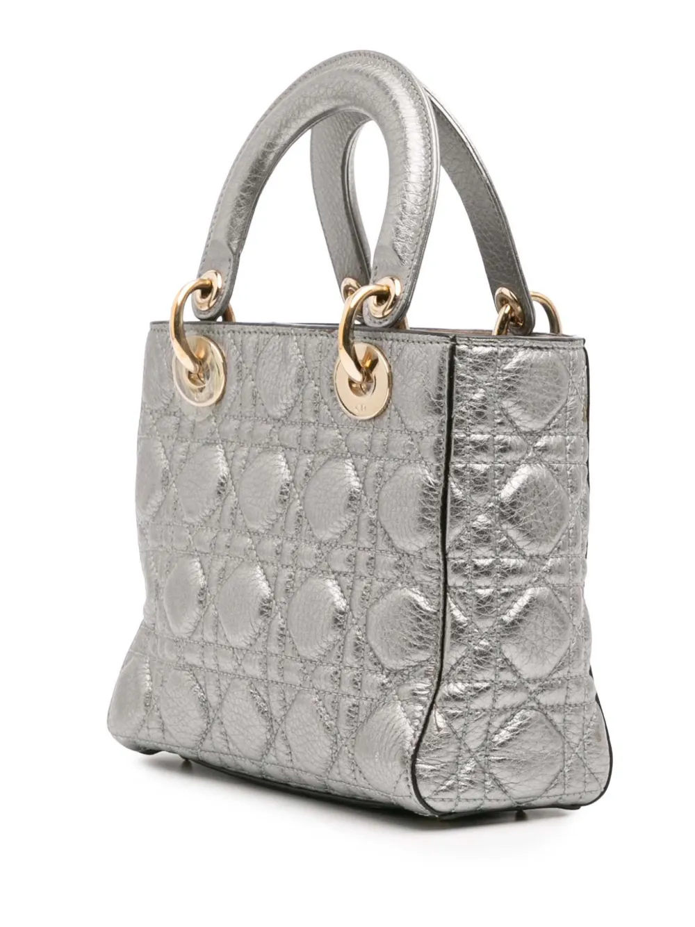 Pre-owned Dior 2017 Small Metallic Grained Calfskin Cannage Supple Lady  Satchel In Silver