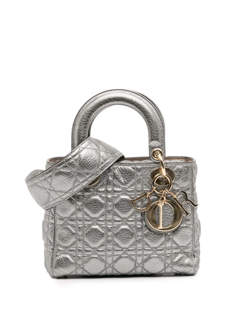 Pre-owned Dior 2017 Small Metallic Grained Calfskin Cannage Supple Lady  Satchel In Silver