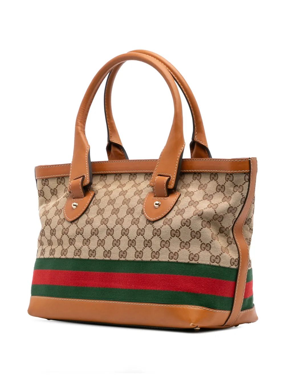 Pre-owned Gucci 2016-2025 Medium Gg Canvas Web Heritage Tote Bag In Brown
