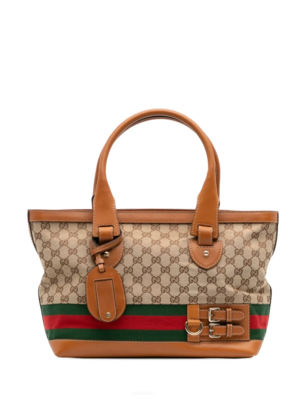 Pre-owned Gucci 2016-2025 Medium Gg Canvas Web Heritage Tote Bag In Brown