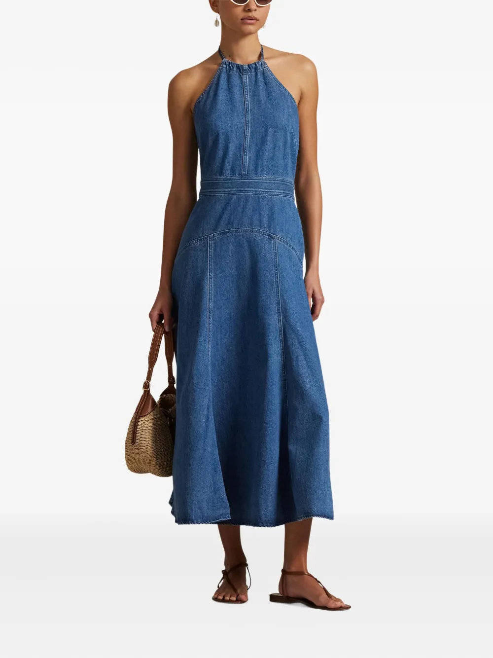 Polo Ralph Lauren Denim midi-jurk met halternek - Blauw