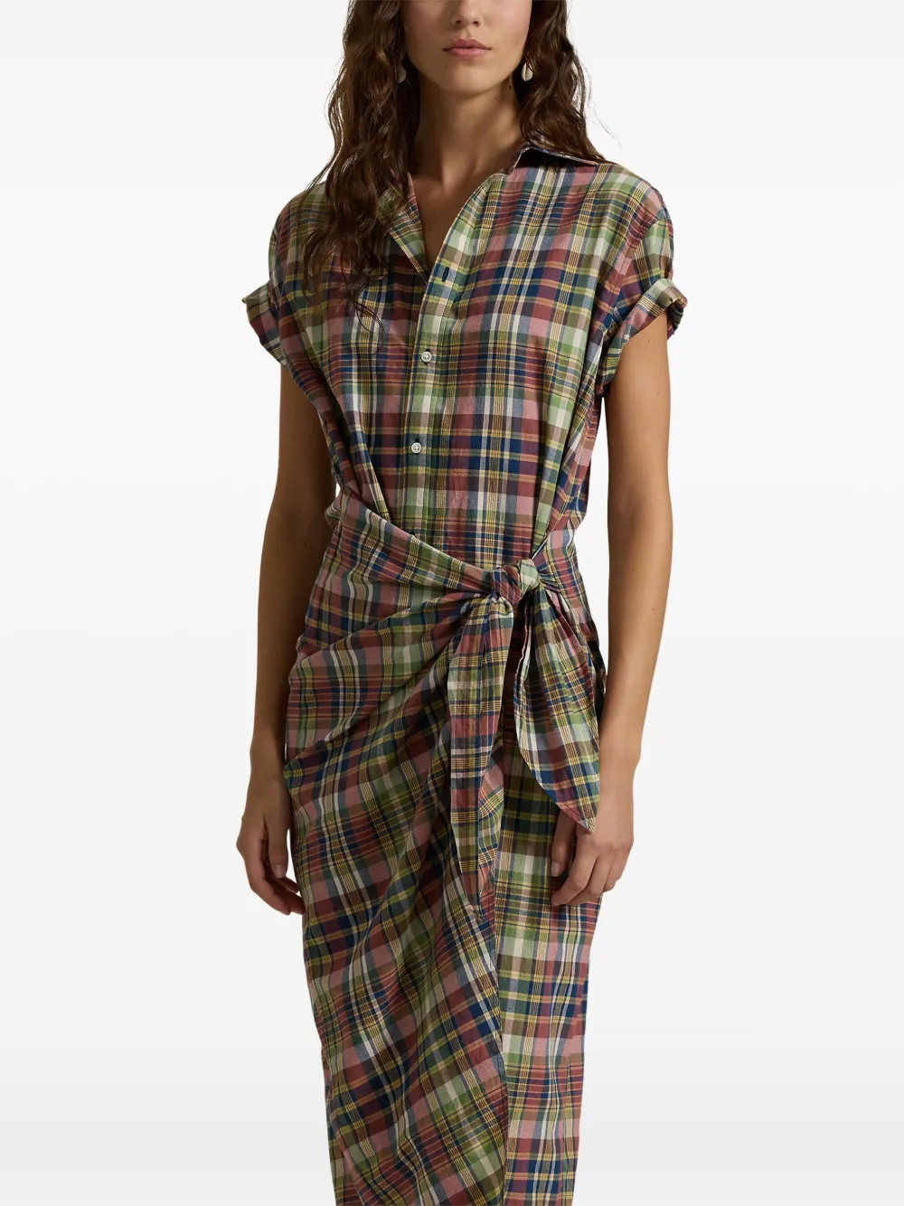 Polo Ralph Lauren Wrap-around Plaid Midi Shirt Dress In Animal Print