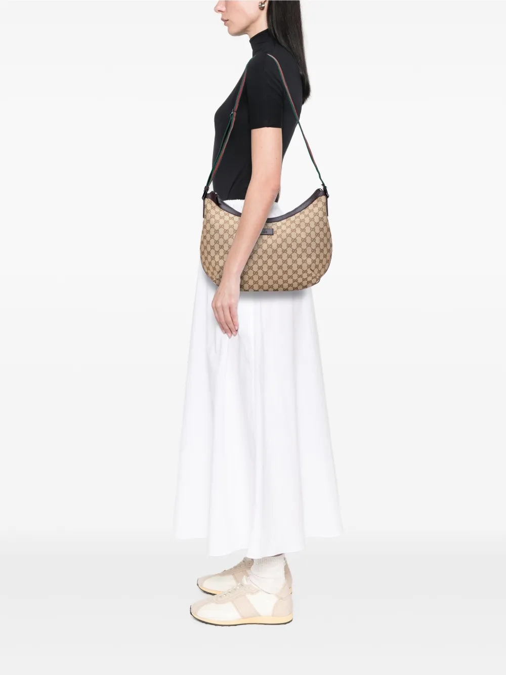 Pre-owned Gucci 2000-2015 Medium Gg Canvas Web Half Moon Crossbody Bag In Brown