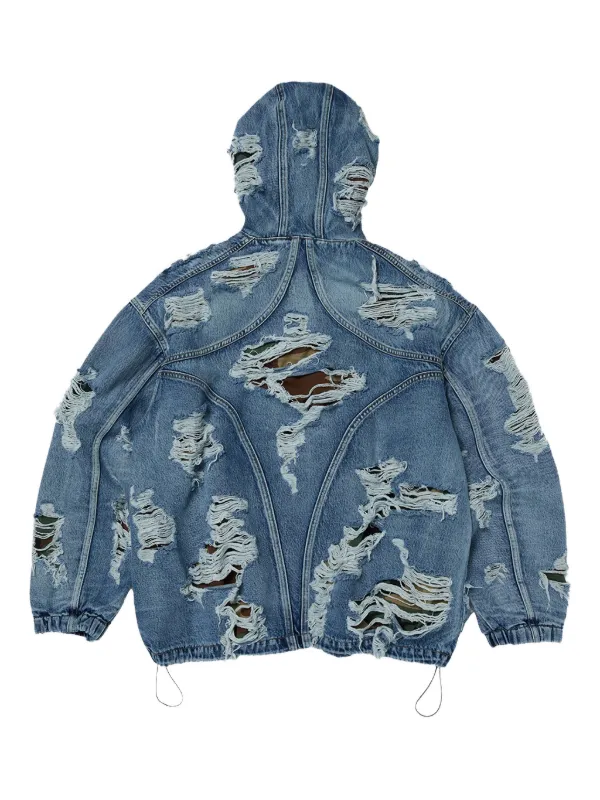 THUG CLUB Distressed zip-up Hooded Jacket | Blue | FARFETCH