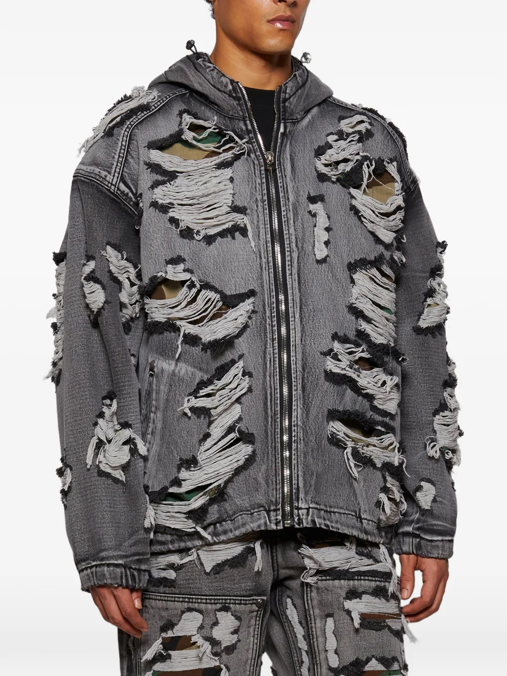 THUG CLUB Hell Denim gerafeld denim jack met capuchon Grijs