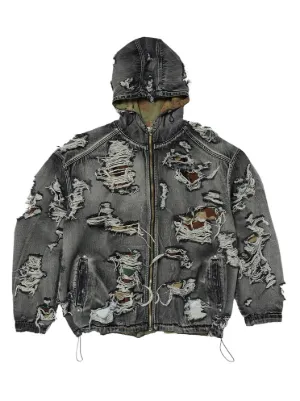 THUG CLUB Distressed zip-up Hooded Jacket | Blue | FARFETCH