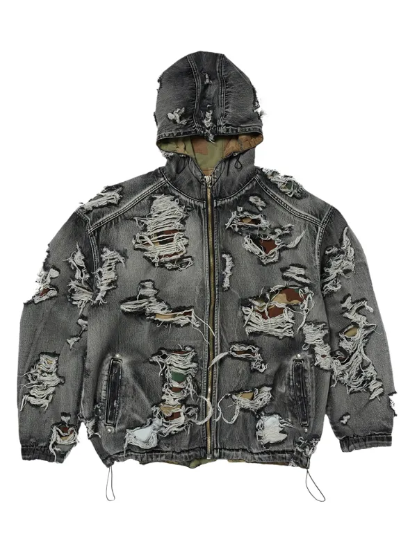THUG CLUB Hell Denim Ripped Hooded Denim Jacket | Grey | FARFETCH BH