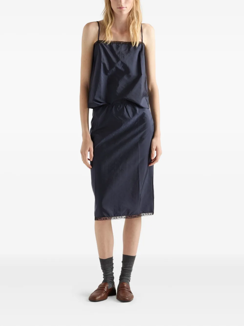 Prada Kokerrok met kanten afwerking Blauw