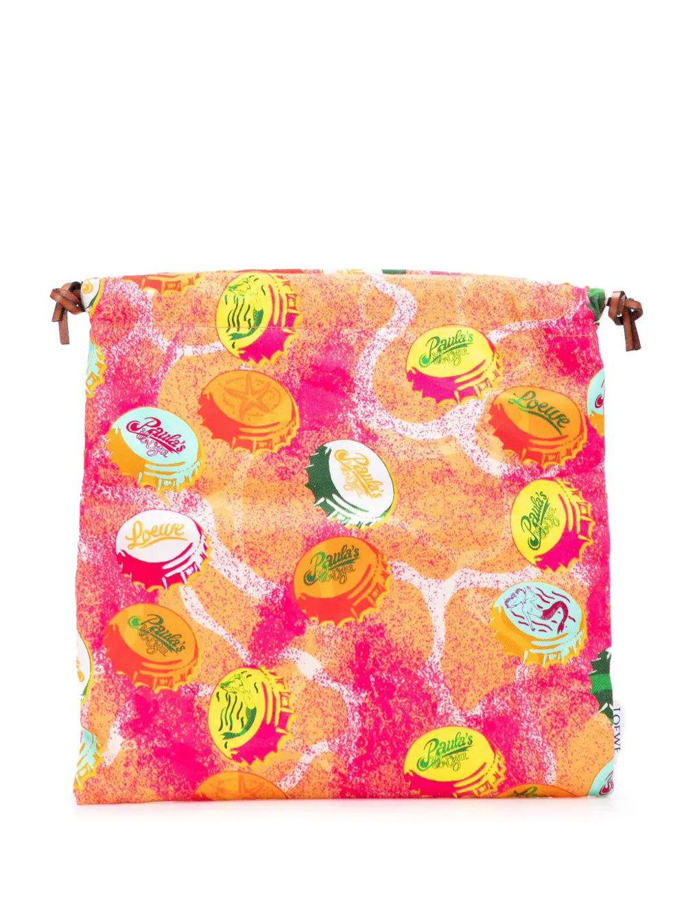 Pre-owned Loewe 2022 Paulas Ibiza Canvas Bottle Cap Print Drawstring Pouch In Orange