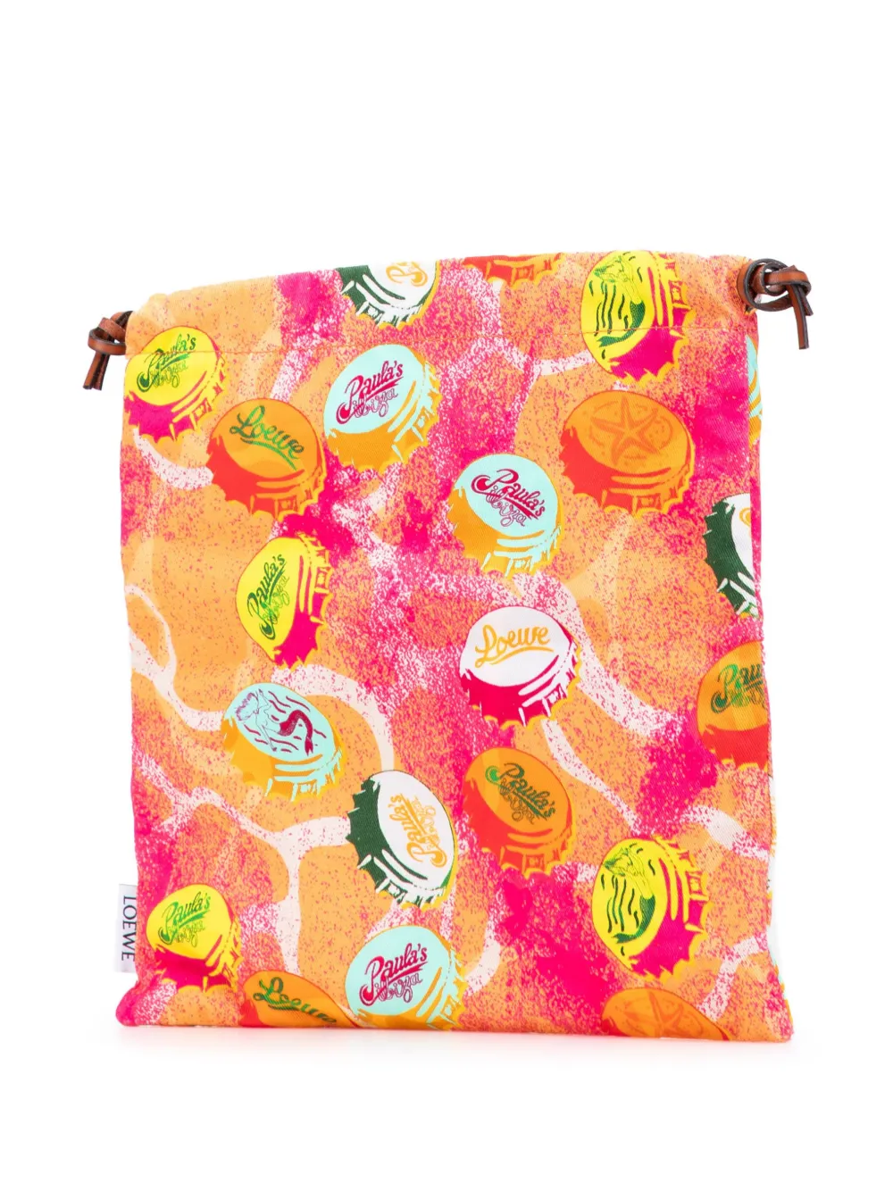Pre-owned Loewe 2022 Paulas Ibiza Canvas Bottle Cap Print Drawstring Pouch In Orange