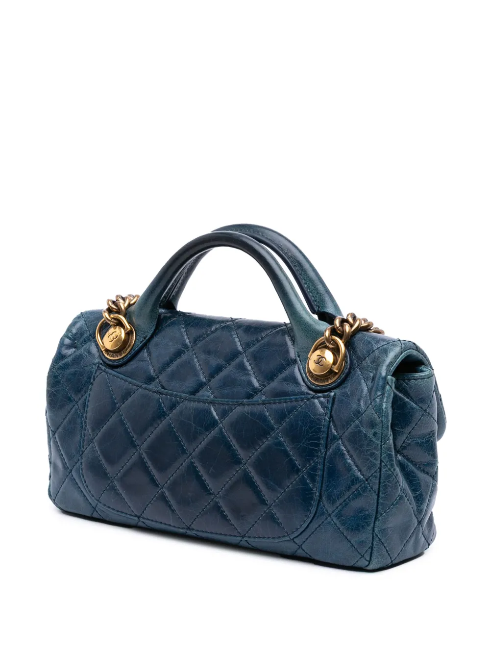 Pre-owned Chanel 2014 Small Glazed Calfskin Castle Rock Top Handle Flap Satchel In Blue