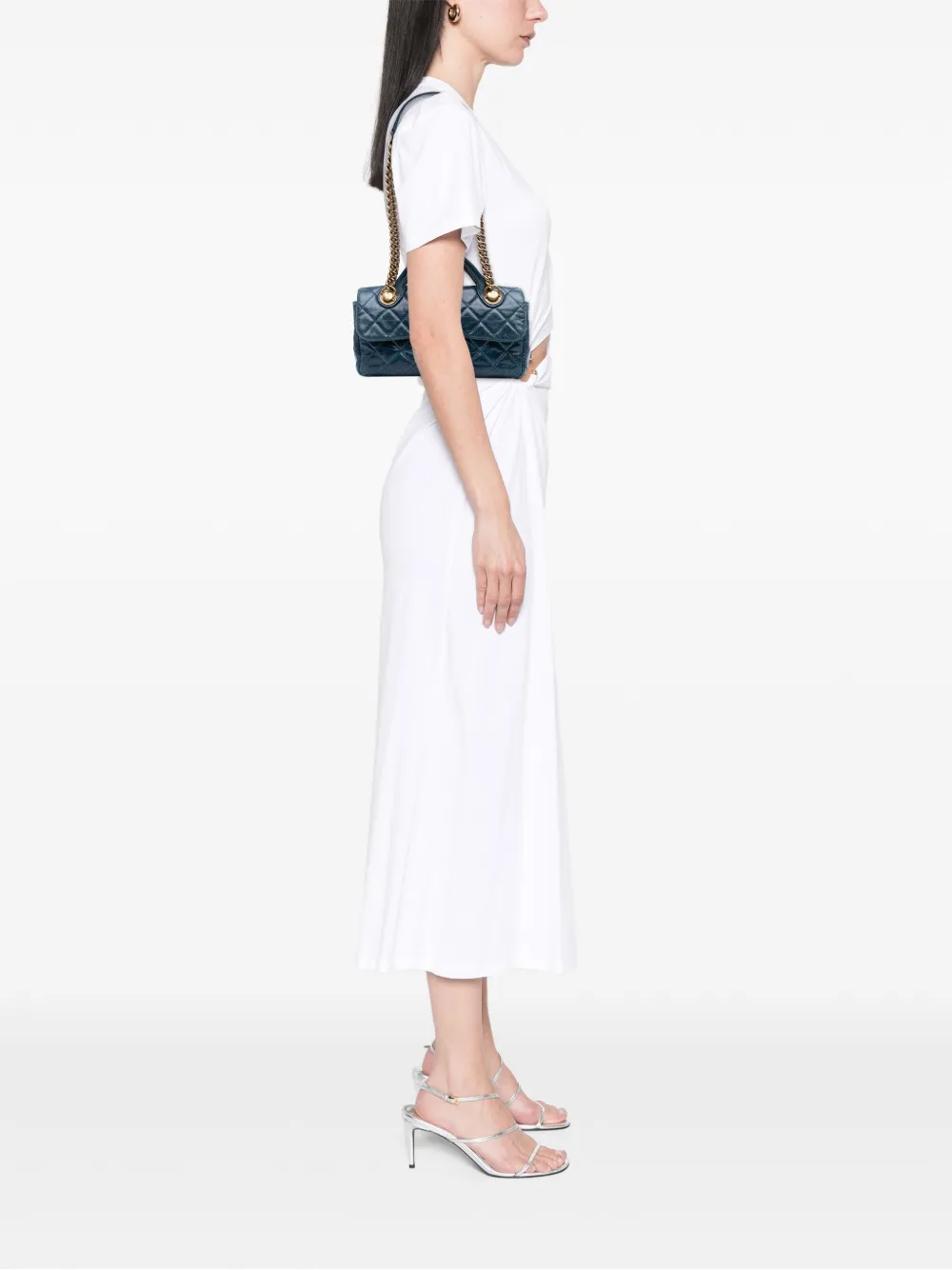 Pre-owned Chanel 2014 Small Glazed Calfskin Castle Rock Top Handle Flap Satchel In Blue